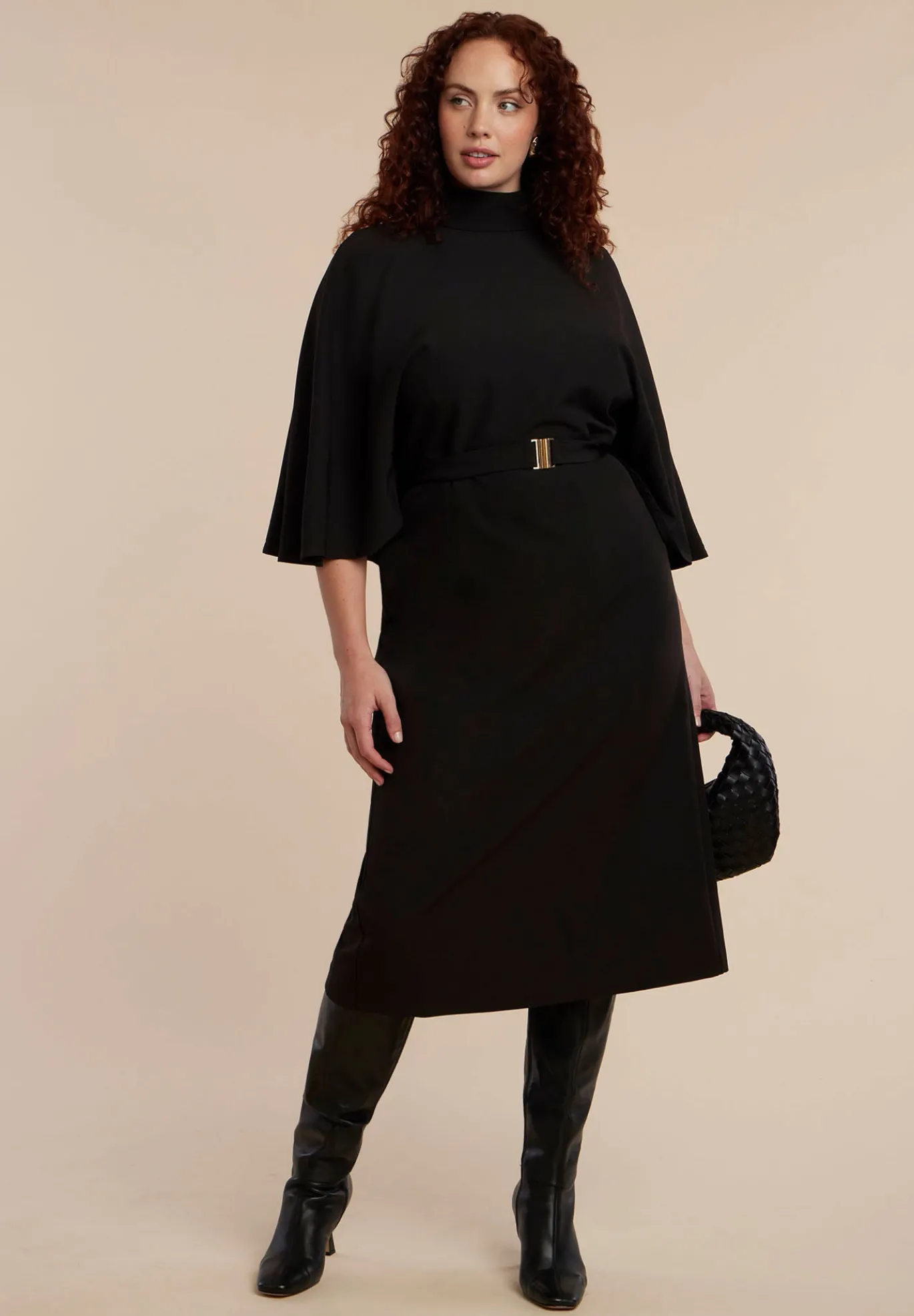 Cape Sleeve Belted Midi Dress