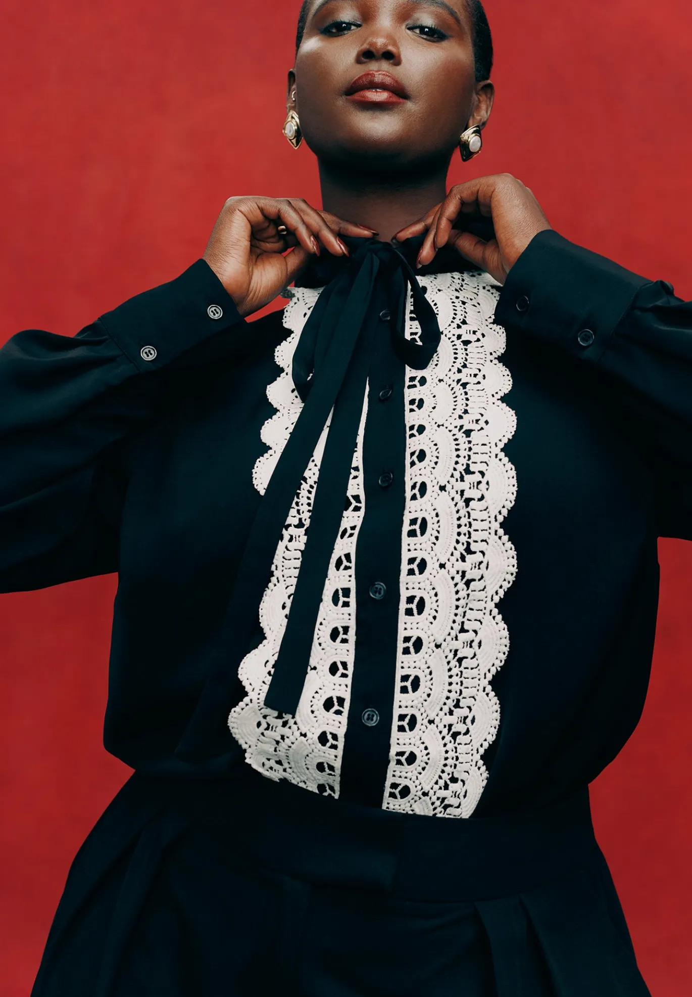 Collared Shirt With Lace-Trimmed Placket