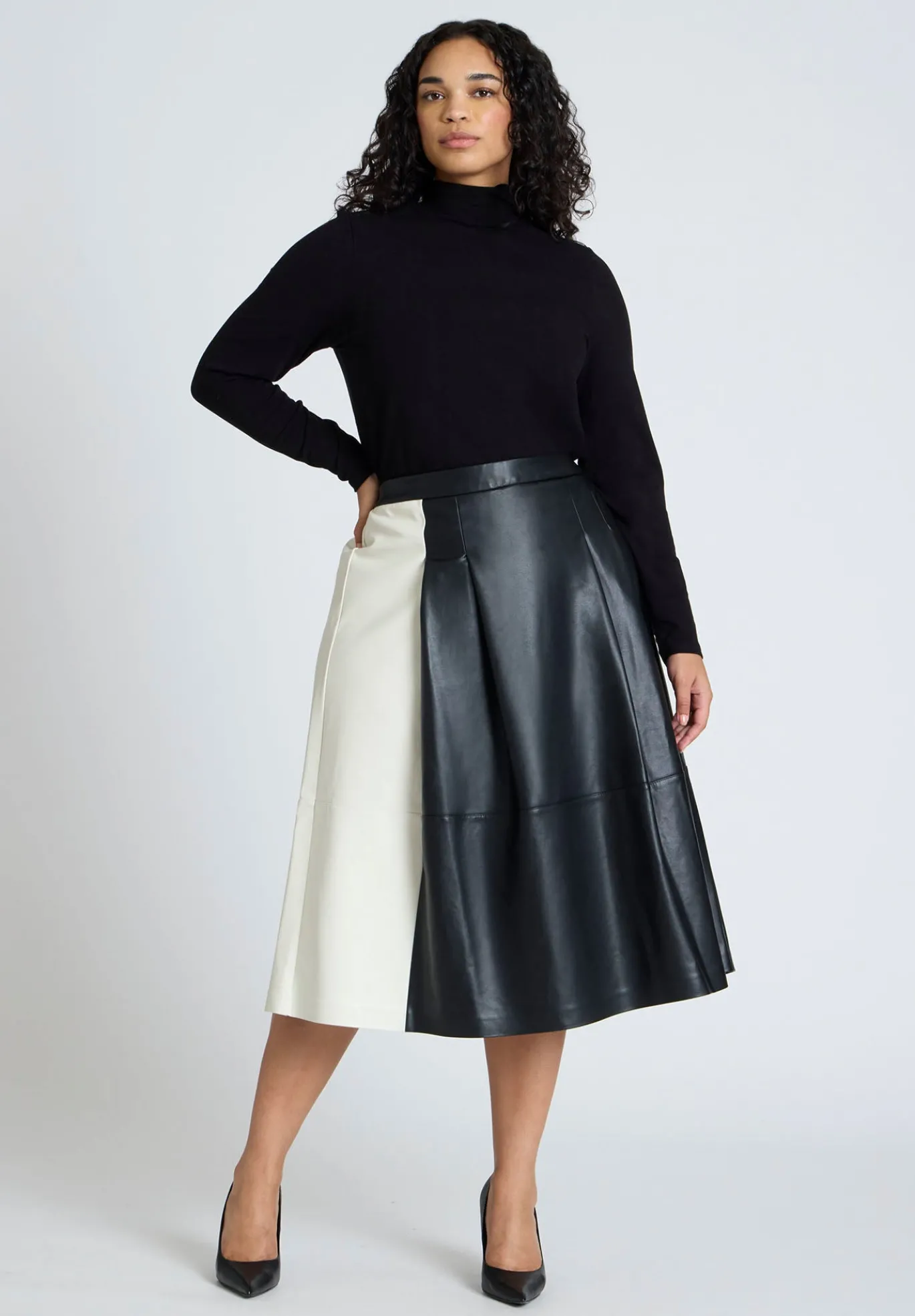 Colorblocked Faux Leather Full Midi Skirt