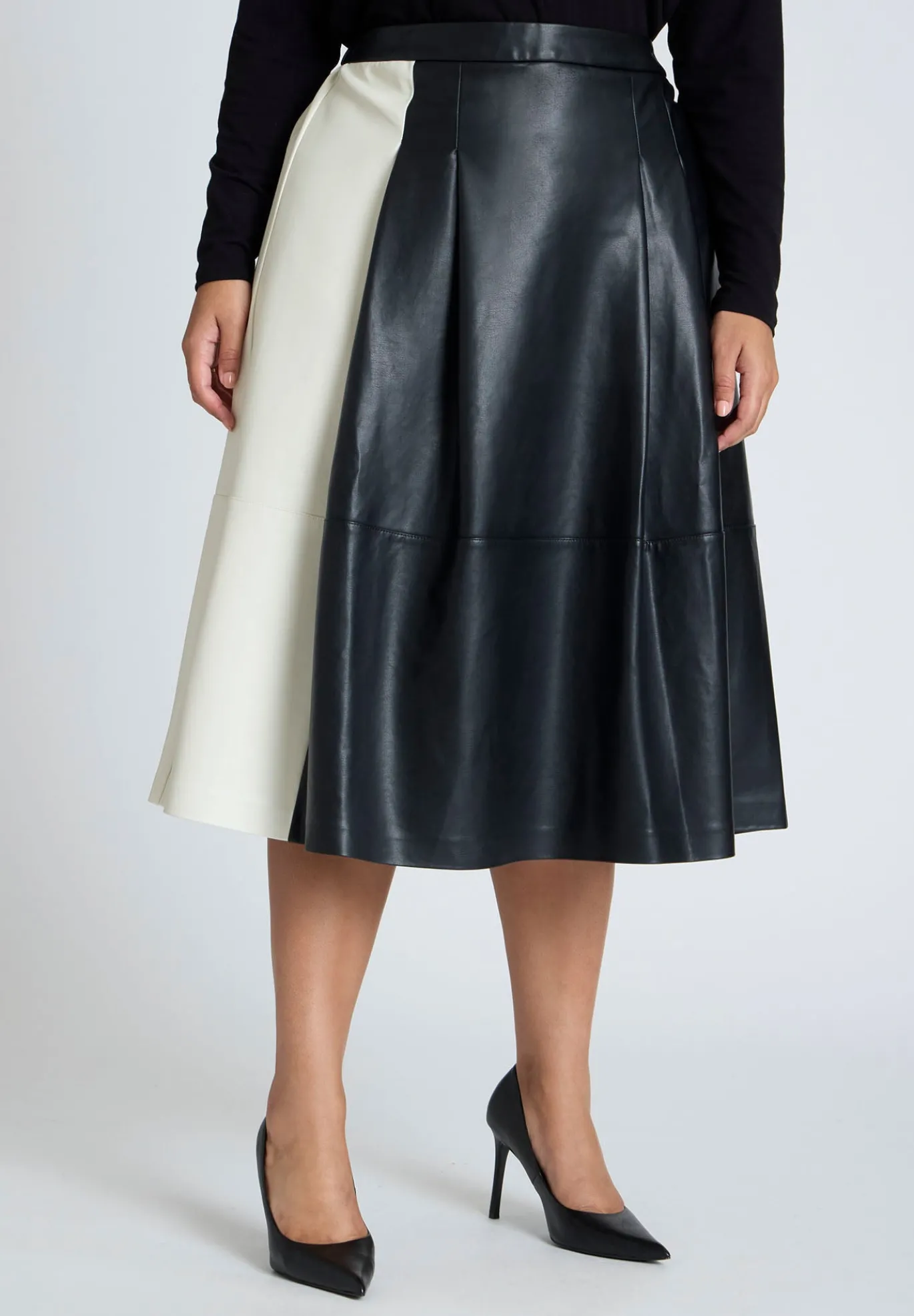 Colorblocked Faux Leather Full Midi Skirt