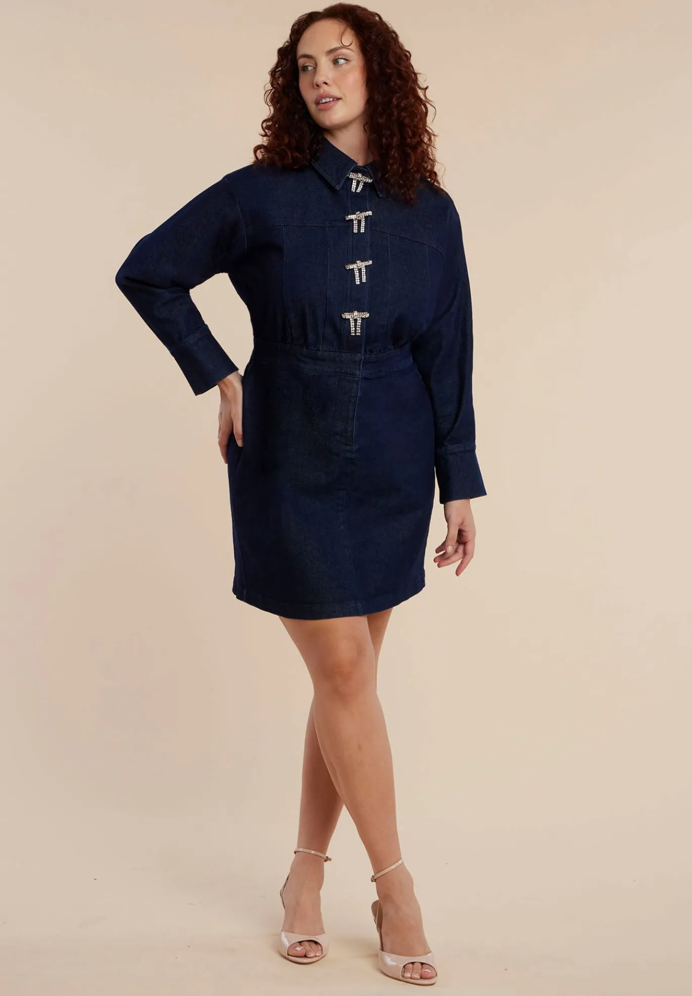 Denim Mini Dress With Rhinestone Bows