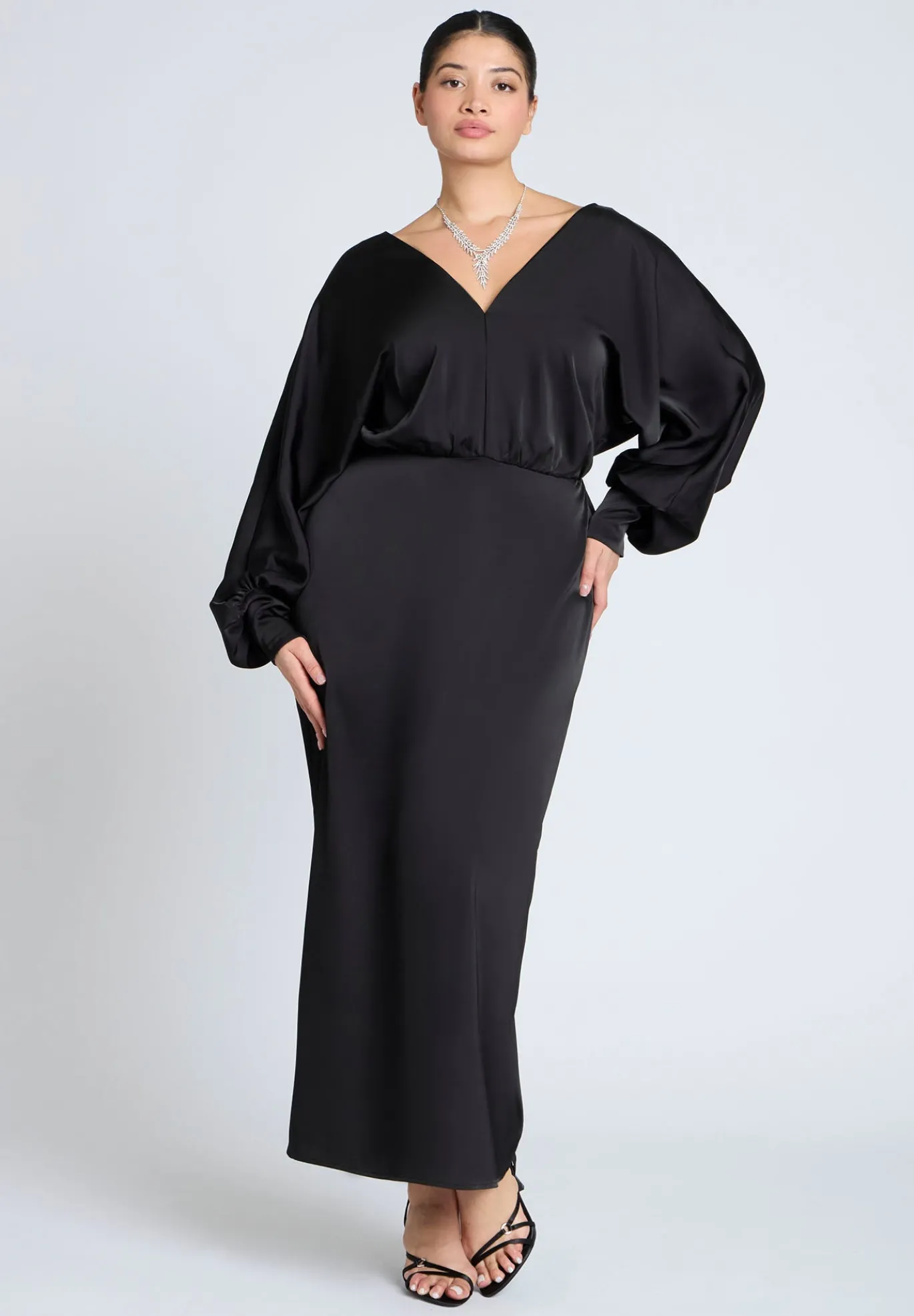 Dramatic Sleeve Satin Column Dress