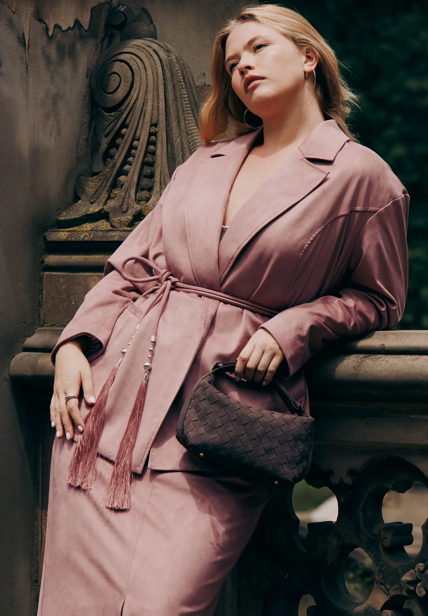 Faux Suede Tassel Belted Blazer