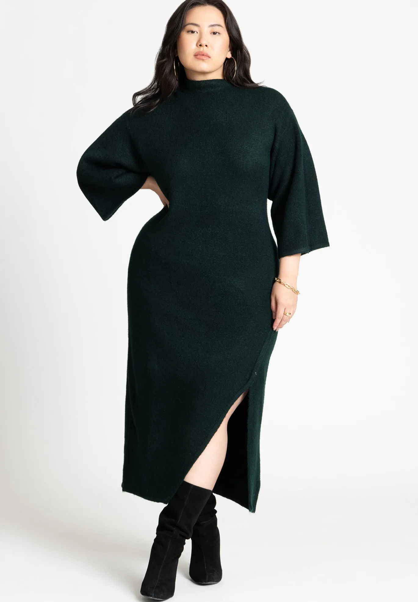 Funnel Neck Wide Sleeve Midi Dress