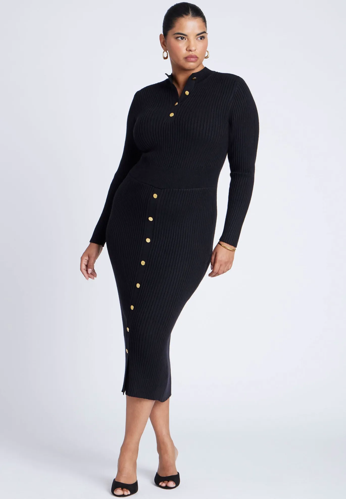 Mock Neck Rib Button Dress