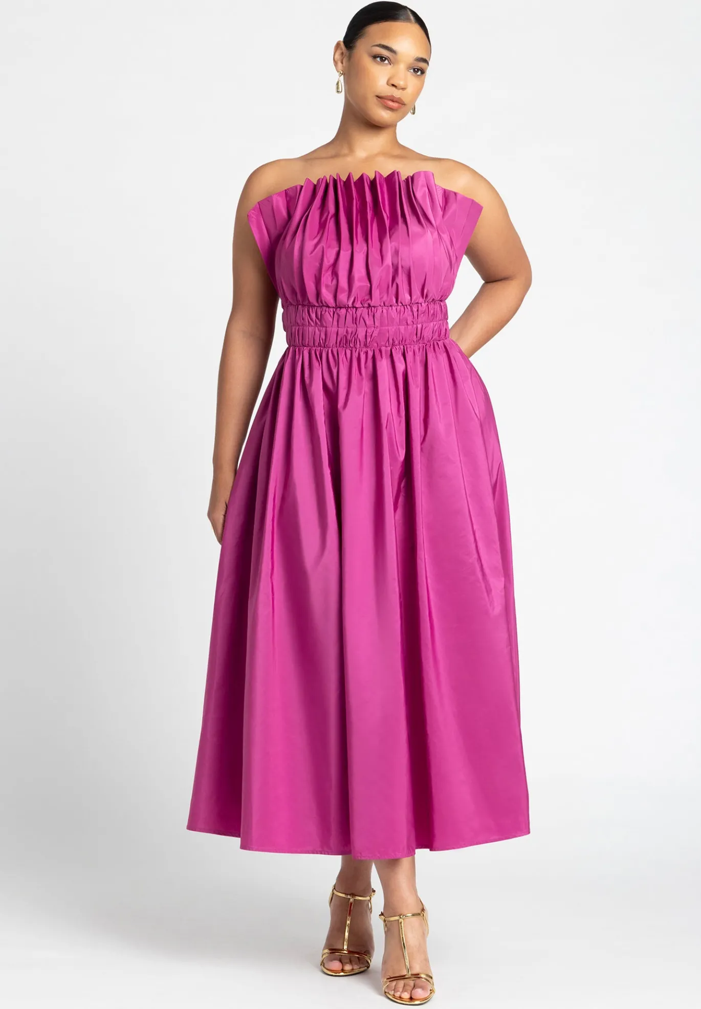 Pleated Ruffle Neckline Midi Dress