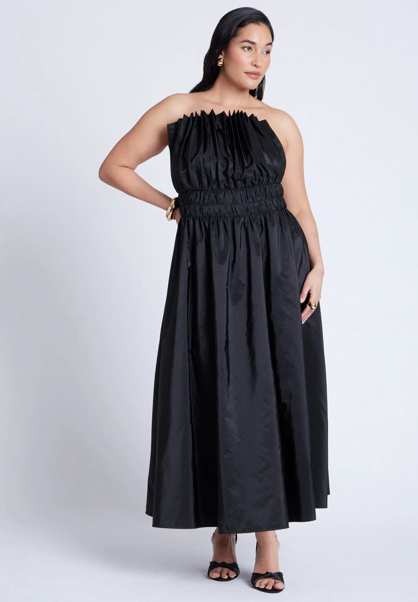 Pleated Ruffle Neckline Midi Dress