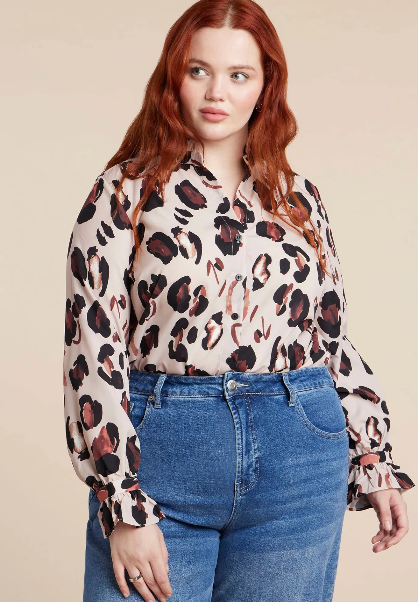 Printed Button Down Shirt with Ruffle Neck