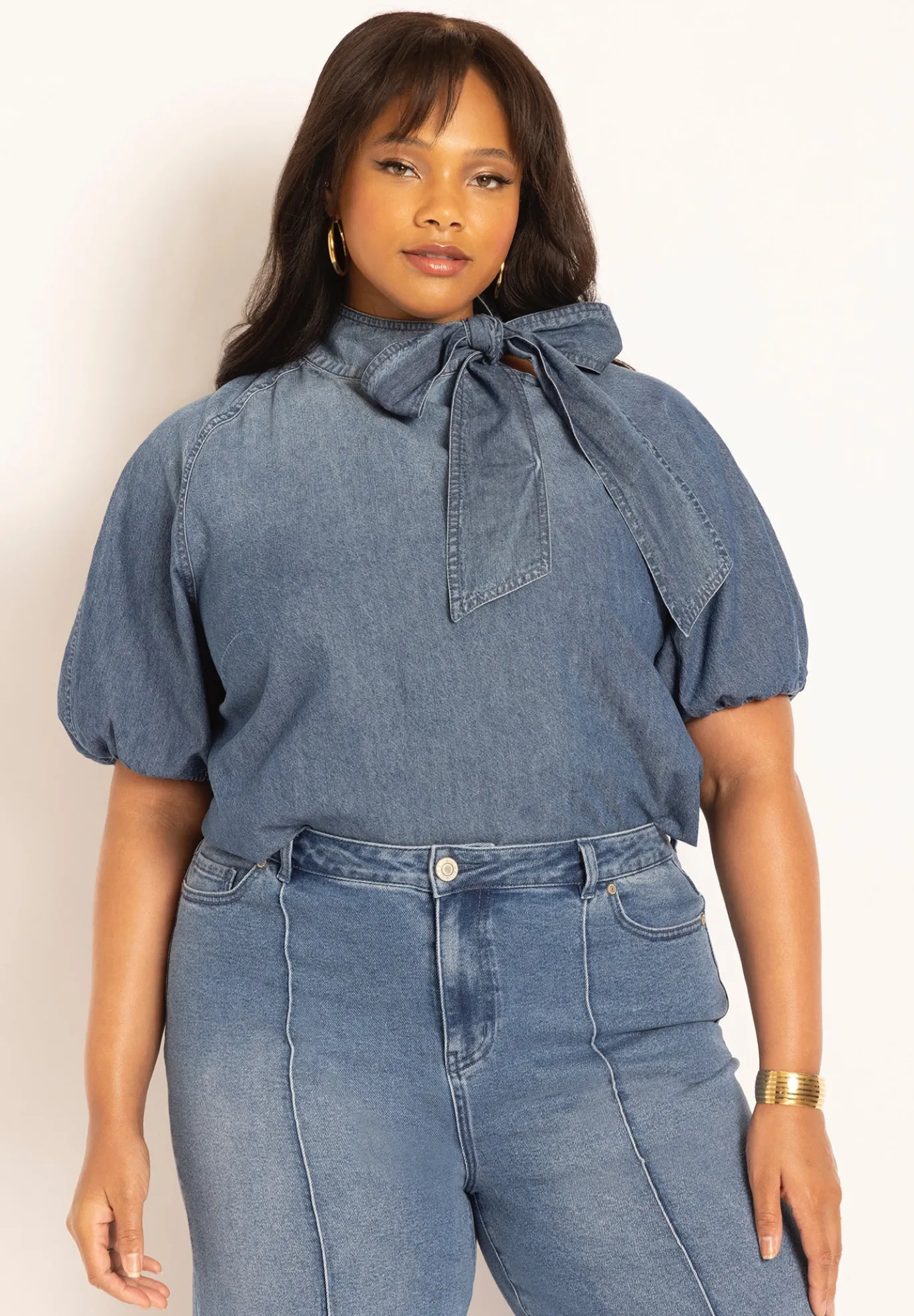 Puff Sleeve Chambray Tie Neck Top