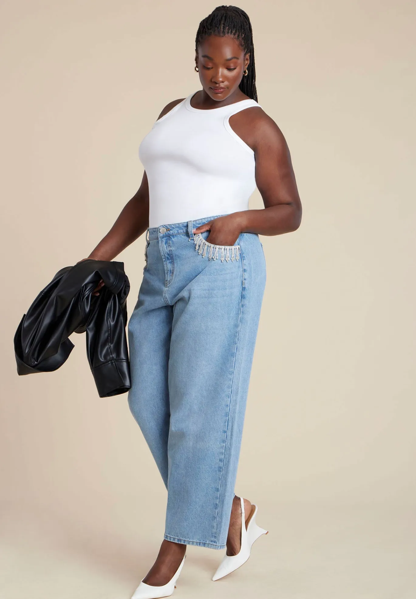 Relaxed Jean With Rhinestone Trim Pocket