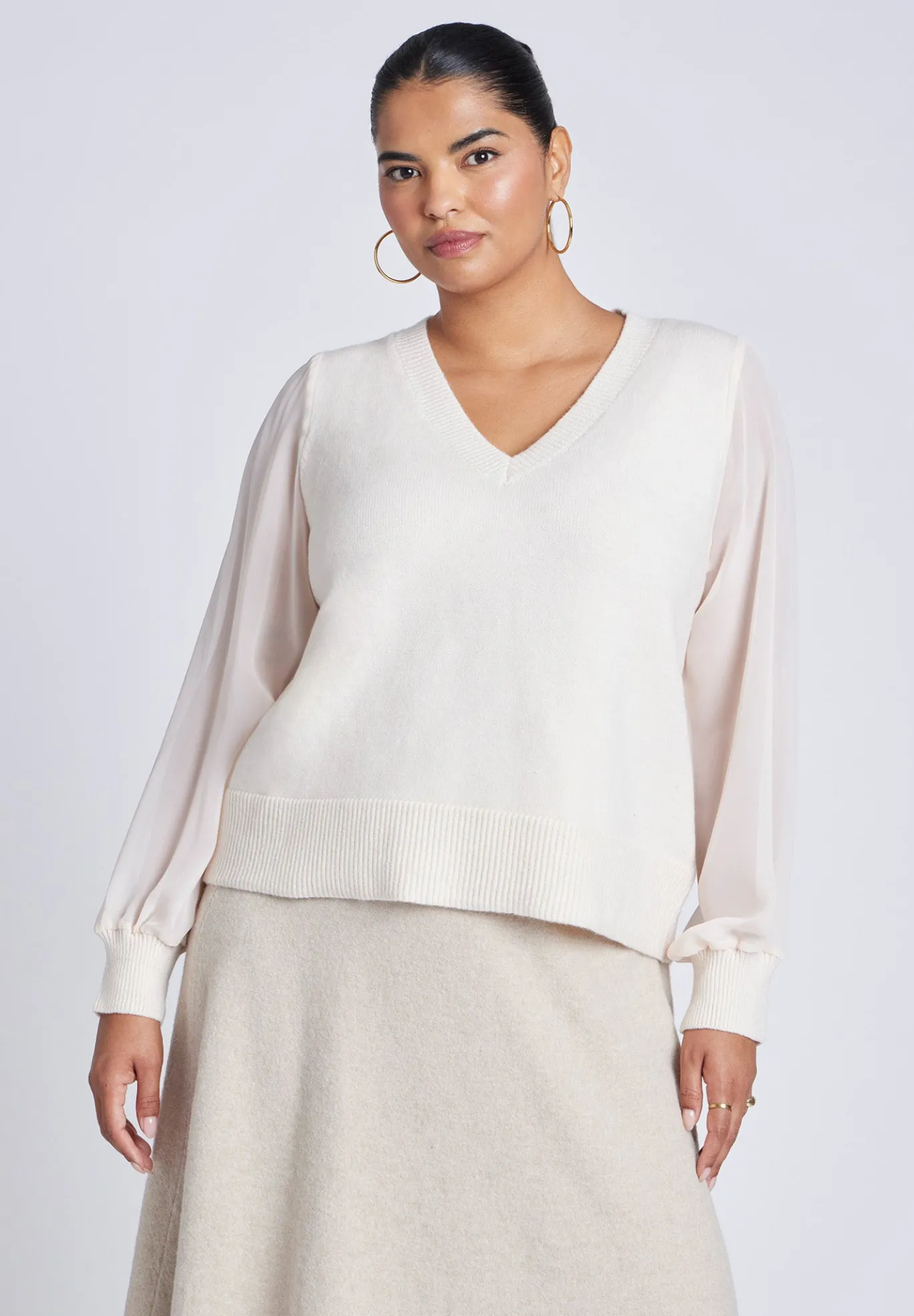 Sheer Sleeve V-Neck Sweater