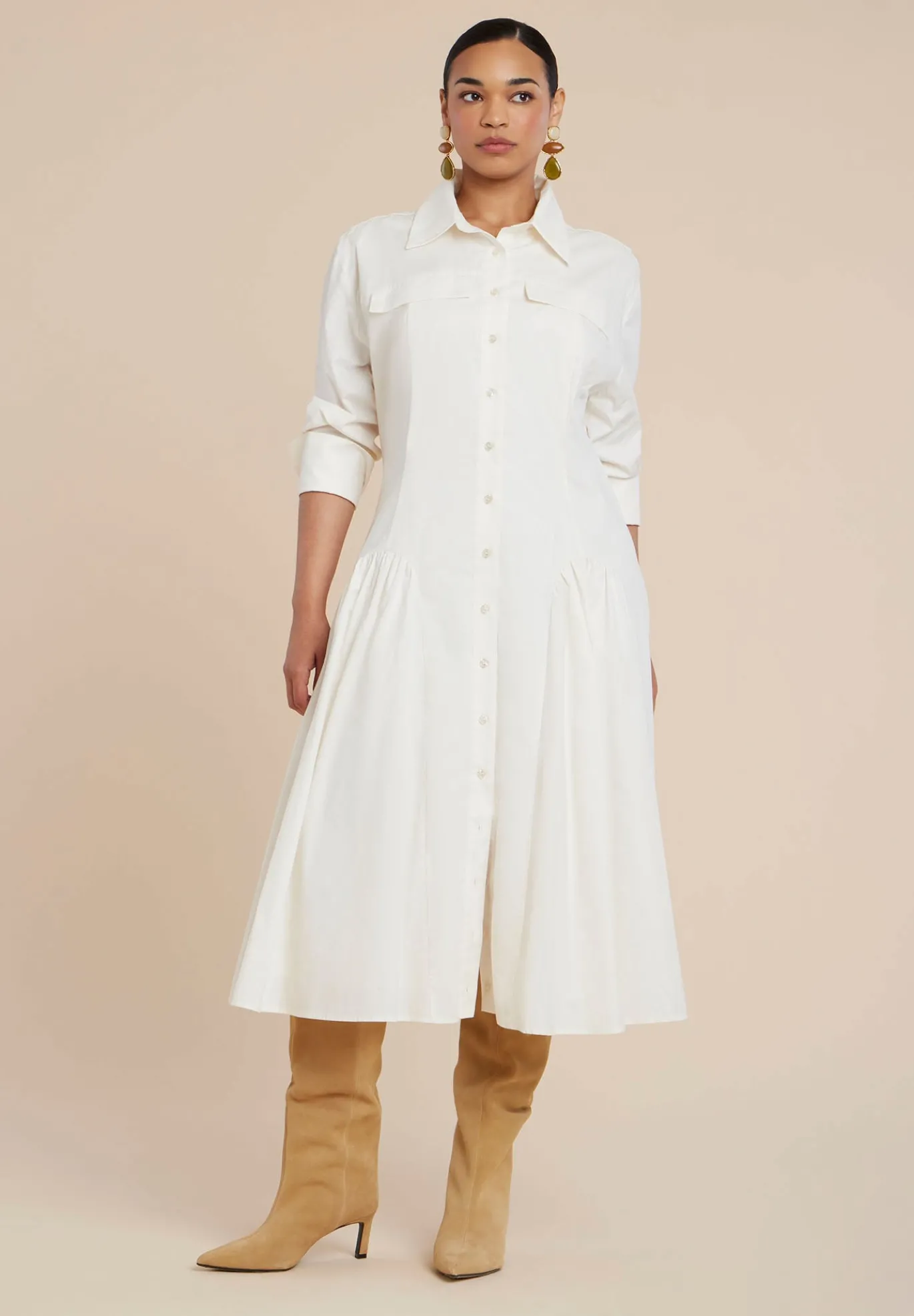 Shirred Godet Flare Poplin Dress