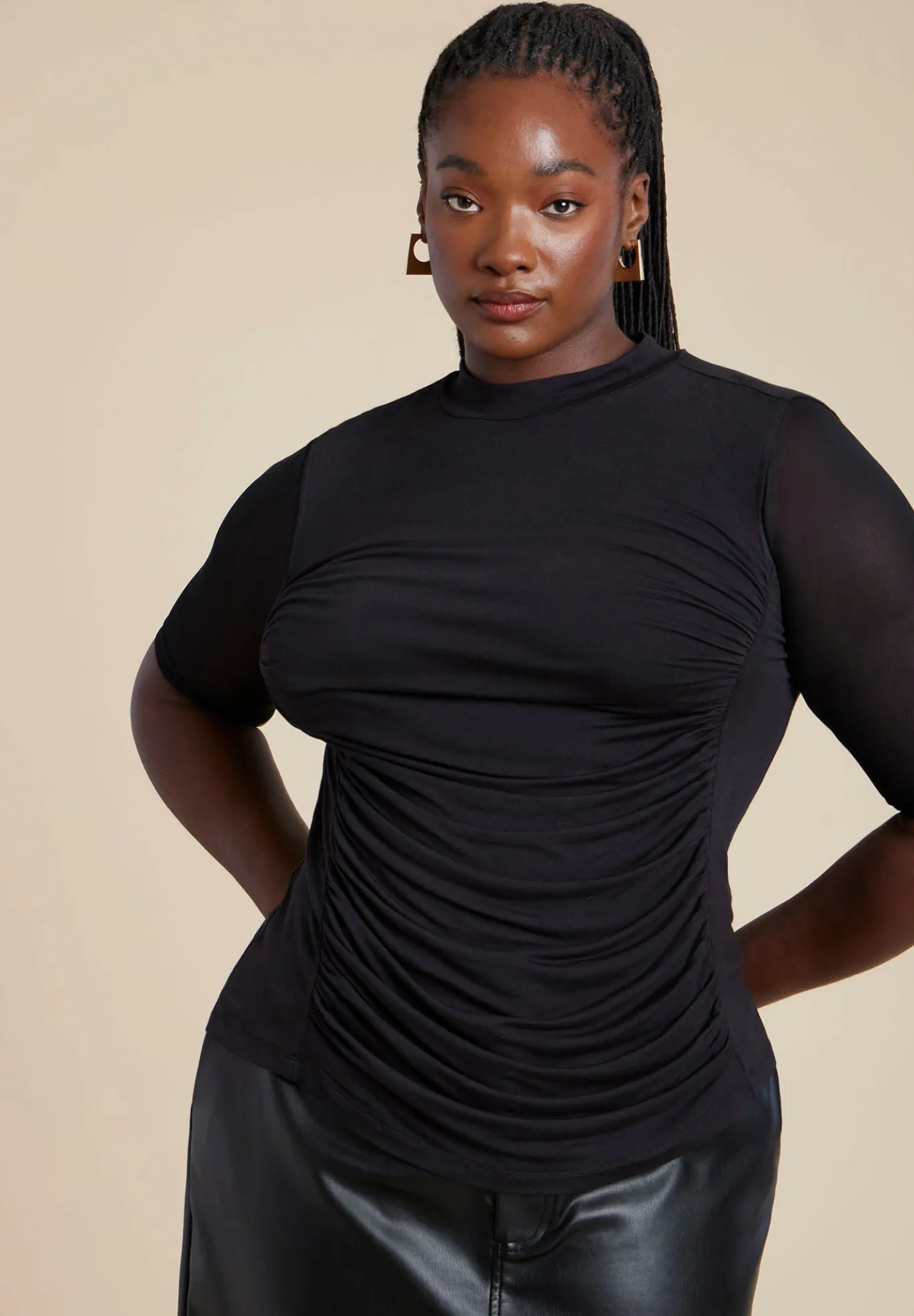 Shirred Mockneck Top With Sheer Sleeve