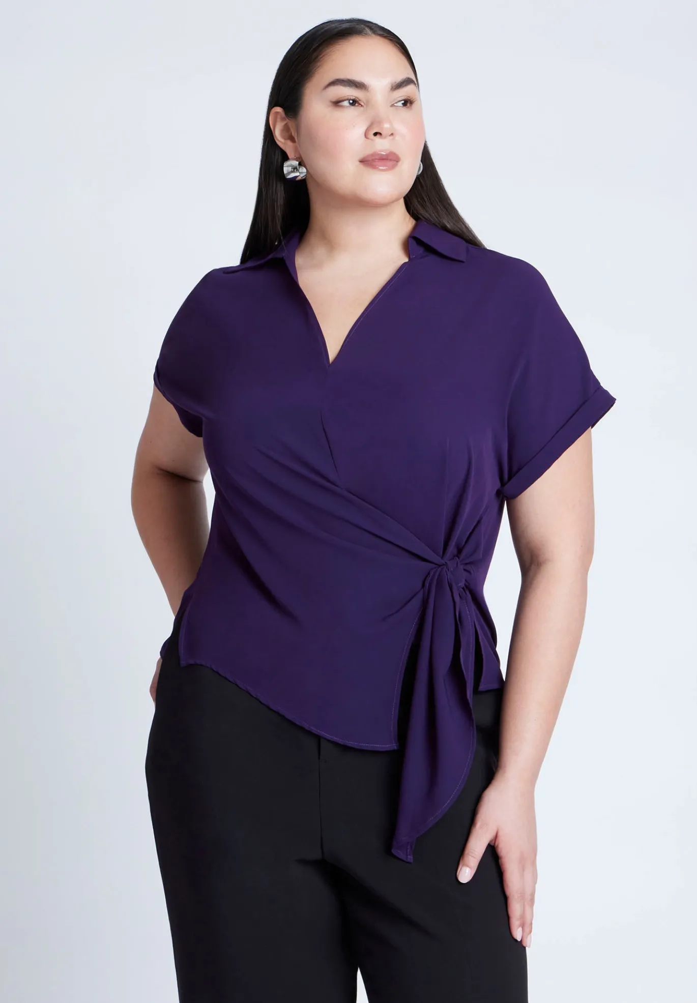 Short Sleeve Collared Top With Waist Tie