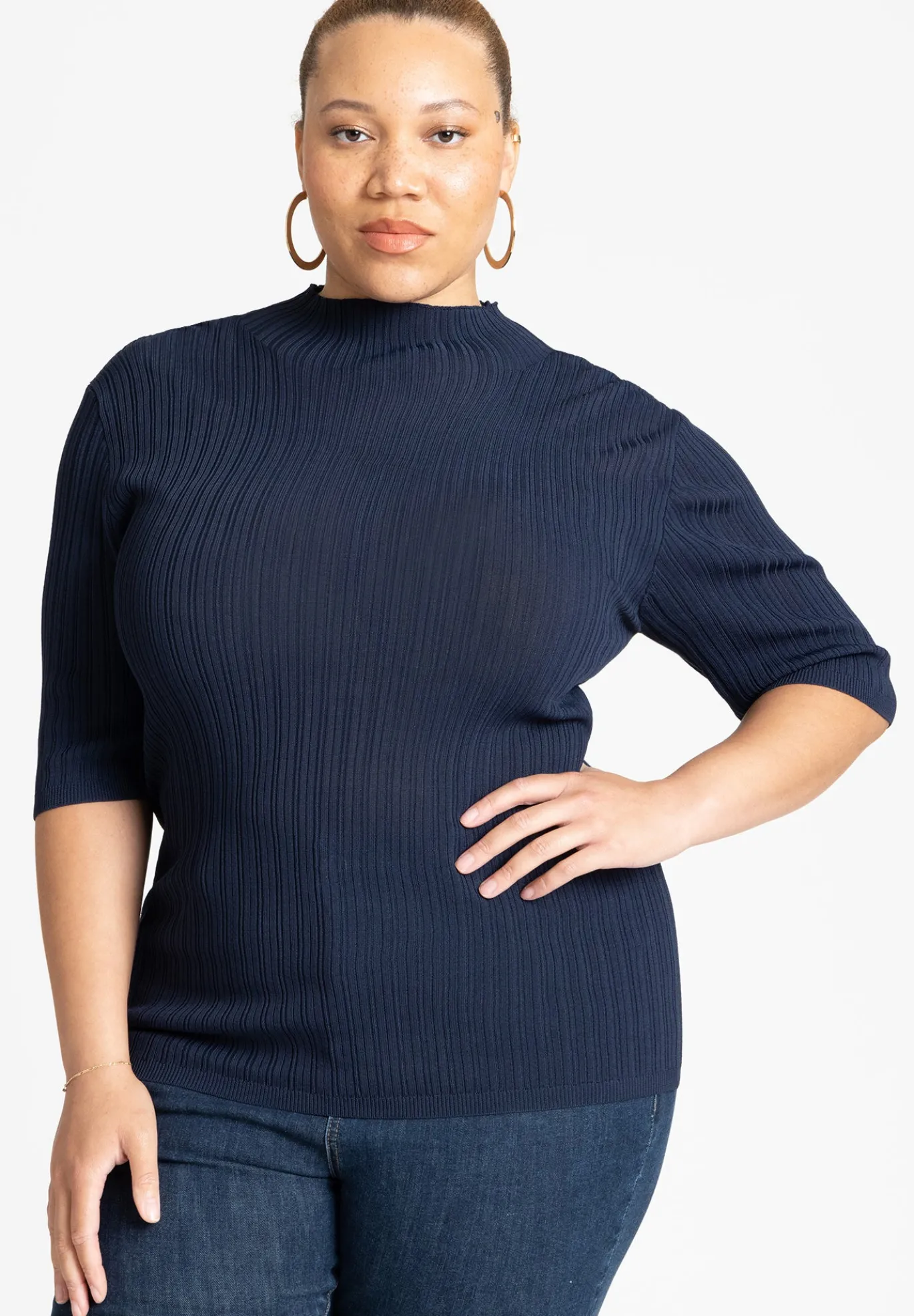 Sleek Funnel Neck Elbow Sleeve Sweater