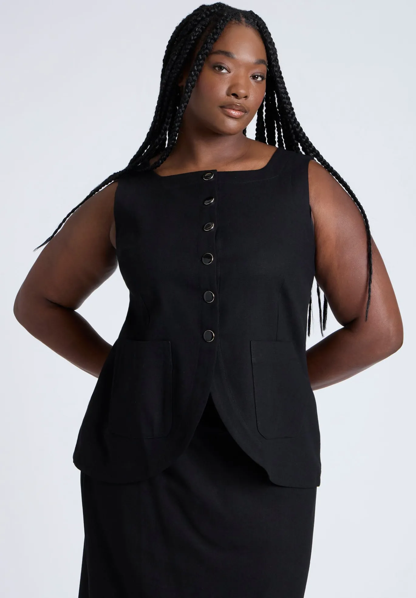 Square Neck Scoop Hem Linen Blend Vest