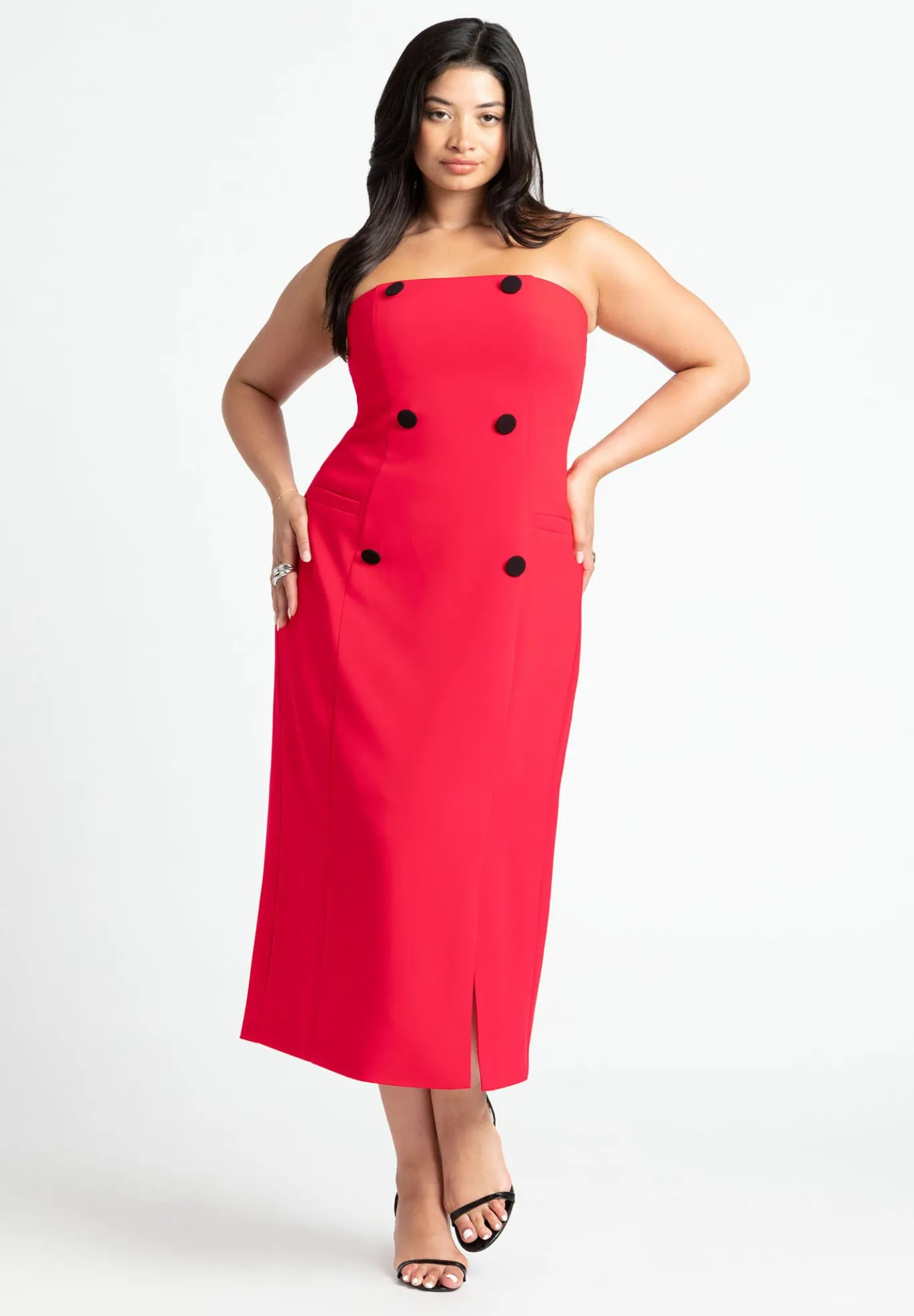 Strapless Double Breasted Midi Dress