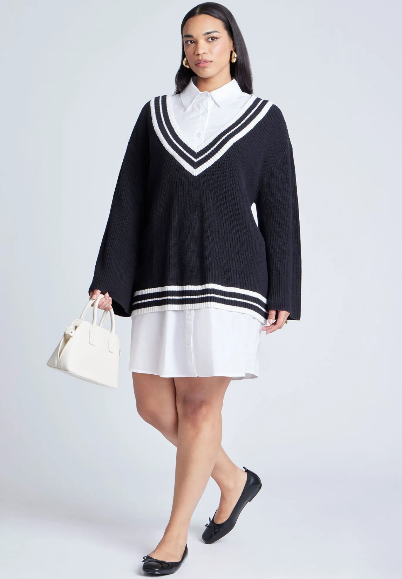 Striped Sweater Twofer Mini Shirt Dress