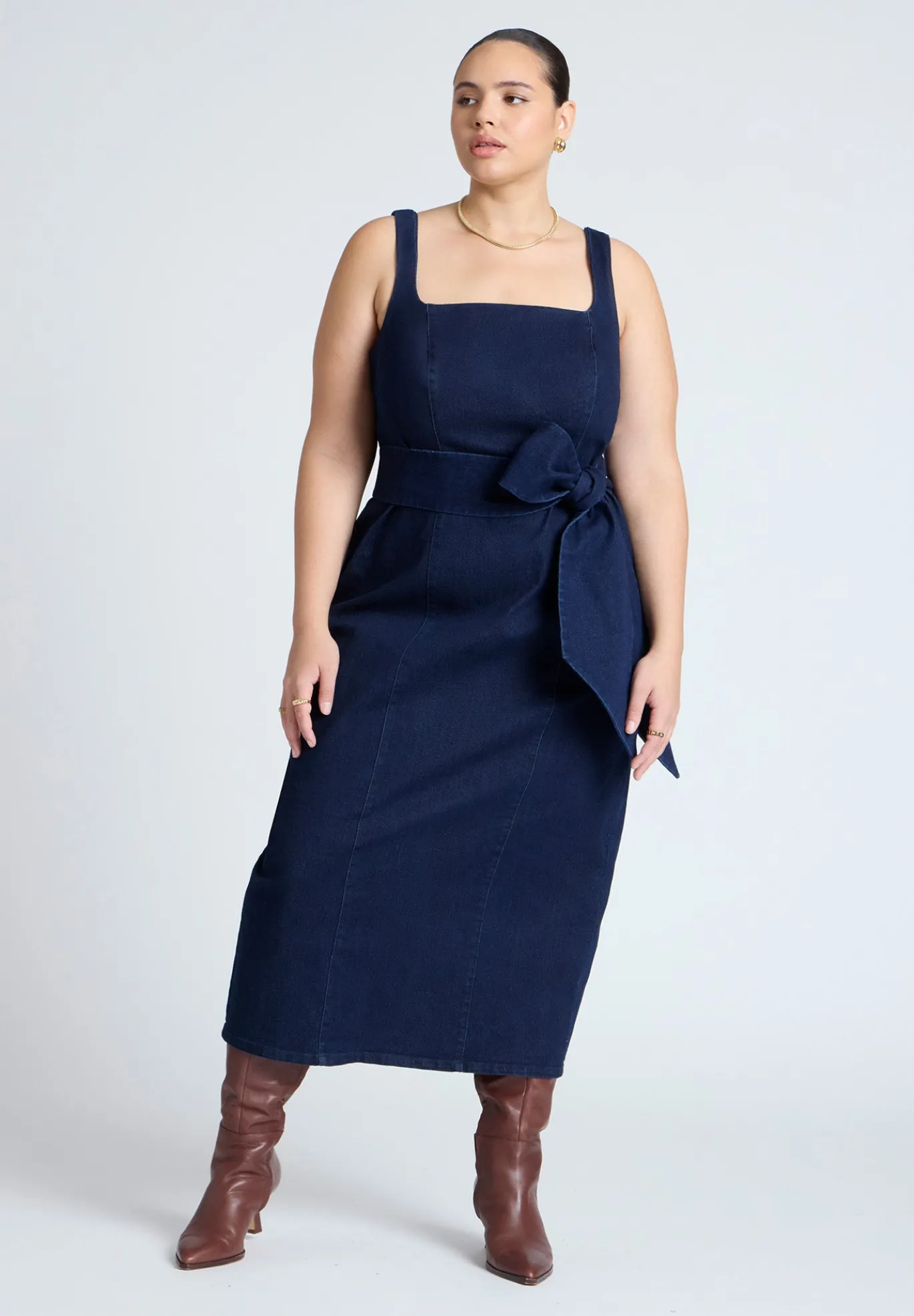 Tie Detail Denim Midi Dress