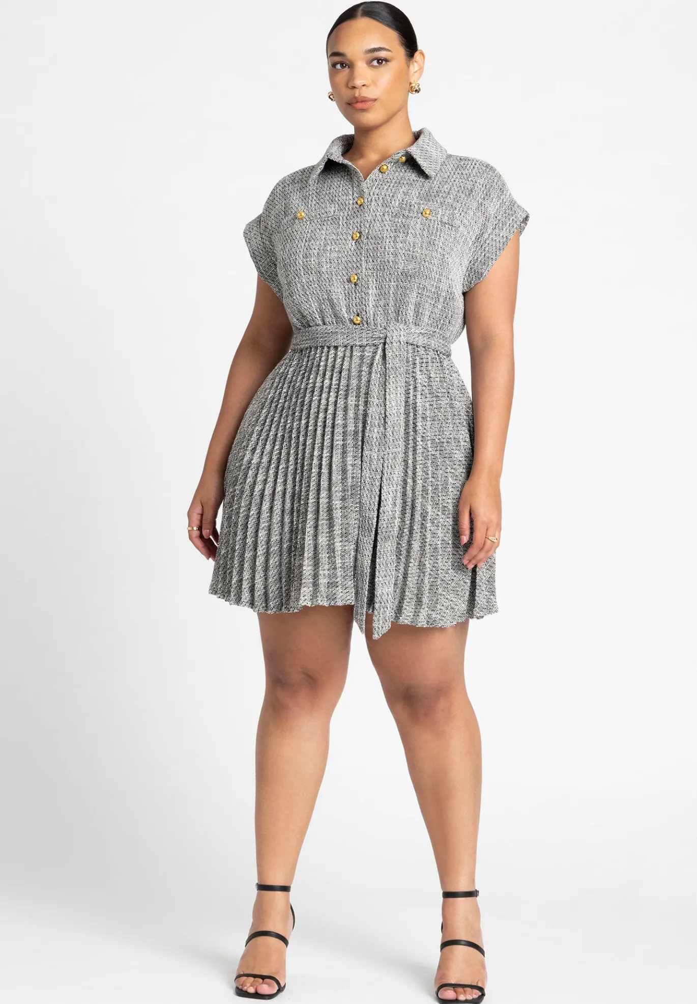 Tweed Pleated Mini Shirt Dress